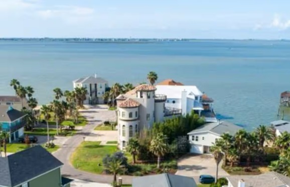 Aerial view of the Galveston home on the water